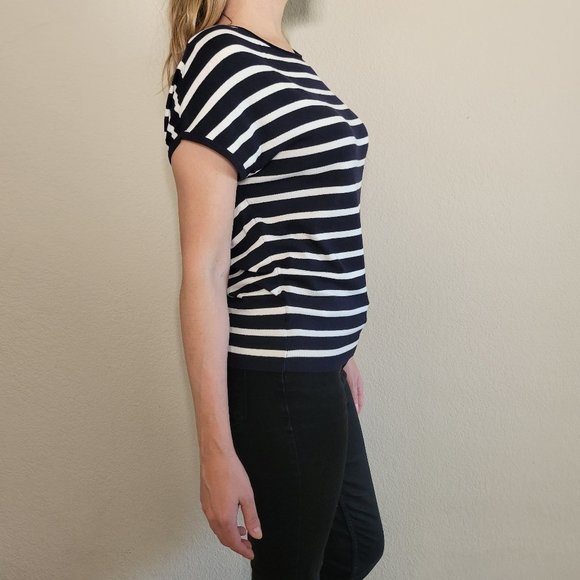 LOFT Top Womens Small Blue White Navy Stripe Cap Sleeve Sweater Shirt Blouse - Picture 3 of 8